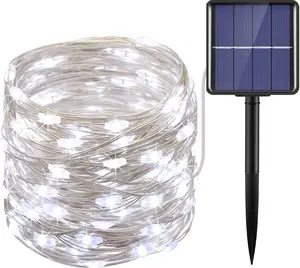 Upgraded solar light string with 150 LED bulbs, copper wire, 8 modes, star pattern, waterproof (IP65 grade), suitable for outdoor weddings, residences, parties, Halloween decorations, white color.