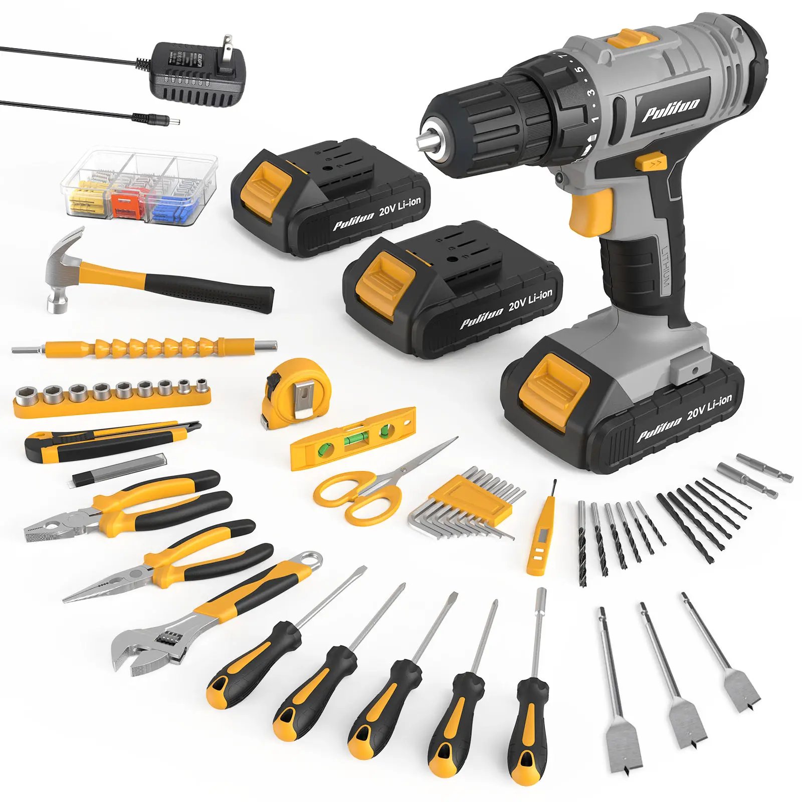 【Father's Day Gift】PULITUO 101-Piece All-in-1 Cordless Drill Set, 20V Lightweight Cordless Drill with Dual Batteries, 21 Torque Settings, 3/8-Inch Chuck for Home Improvement, DIY Screwing Tasks (Beginner-Focused Versatile Tool Kit)