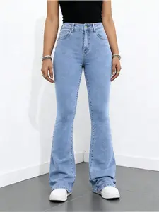 Women's Slim Fit Elastic Flare Pants, Multi-Color, Fashionable Elegant Comfort Design, Casual Wear, All Seasons, High Waist, Button Front