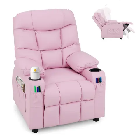 COSTWAY Kids Recliner Chair with Cup Holder, Adjustable Lounge Chair w/Footrest & Side Pockets for Children Boys Girls Room, Ergonomic Toddler Furniture Sofa, Kids Recliner