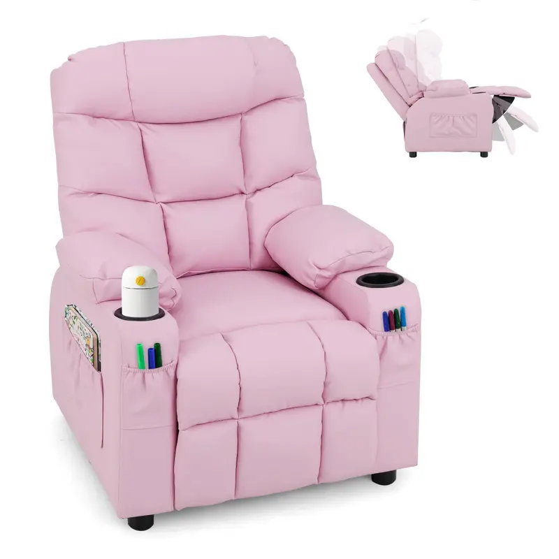 COSTWAY Kids Recliner Chair with Cup Holder, Adjustable Lounge Chair w/Footrest & Side Pockets for Children Boys Girls Room, Ergonomic Toddler Furniture Sofa, Kids Recliner