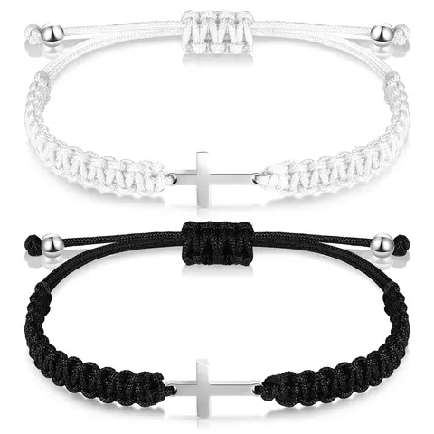 Unisex Handmade Braided Religious Cross Charm Bracelet - Adjustable Nylon Rope Bracelet Jewelry with Stainless Steel Charm, Graduation Friendship Craft Accessory