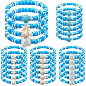 24 Pcs Under the Sea Party Favors Ocean Polymer Clay Beaded Bracelets Bulk Shell Turtle Starfish Ankle Bracelets for Under the Sea Themed Birthday Summer Beach Party Supplies