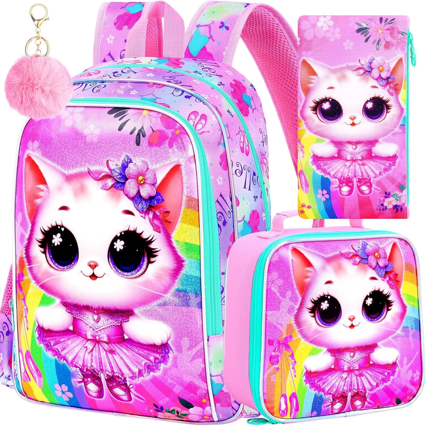 3PCS Cat Backpack for Girls, 16'' Kids Preschool Bookbag with Lunch Box, Cute Animal Water Resistant School Backpacks Set for Elementary Kindergarten