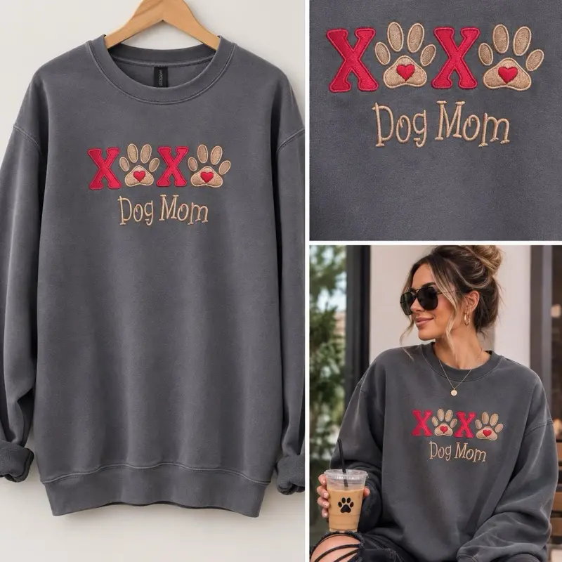 Xoxo Dog mom Embroidery sweatshirt womenswear love crewneck Sweatshirt fashion Sweatshirts Casual Long Sleeve Tops Pullover Embroidered Everyday Style Unisex