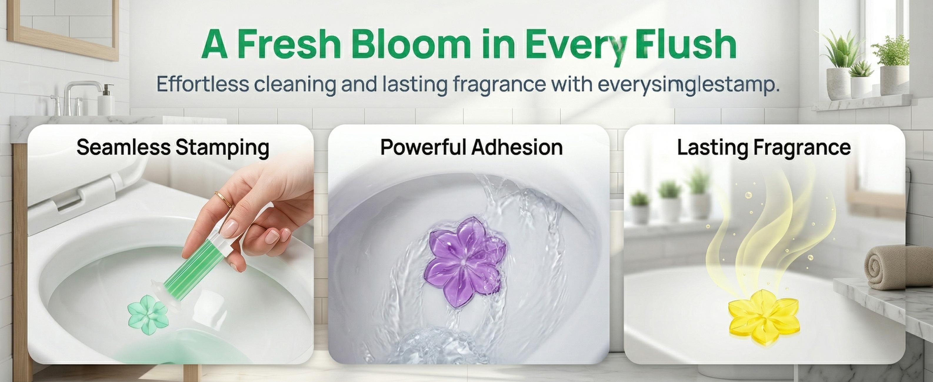 Bloomy Toilet Gel Stamps – Clinging Flower-Shaped Cleaner for Toilet Bowl, Eliminates Odor & Bacteria with Fresh Scent, Long-Lasting Lavender – 3Pcs