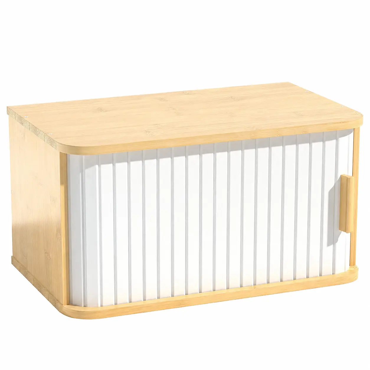Bamboo Bread Box for Kitchen Countertop, Roll-Up Door Bread Storage Container with White Tambour Door, Modern Kitchen Organizer for Bread, Bagels, Snacks & Baked Goods
