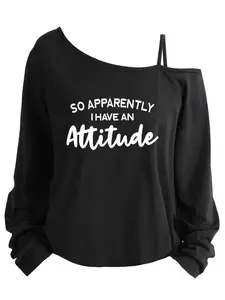 Plus Size Women's Loose-Fit Long Sleeve Cami Top, Asymmetrical Neckline, Letter Print, All Seasons, Sizes 1-8xl, Womenswear