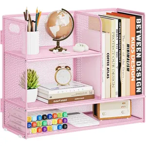 3-Tier Desk Shelf Organizer with Handle, Desktop Bookshelf File Holder, Mesh Display Storage Rack for Office Home Kitchen Supplies (Pink)