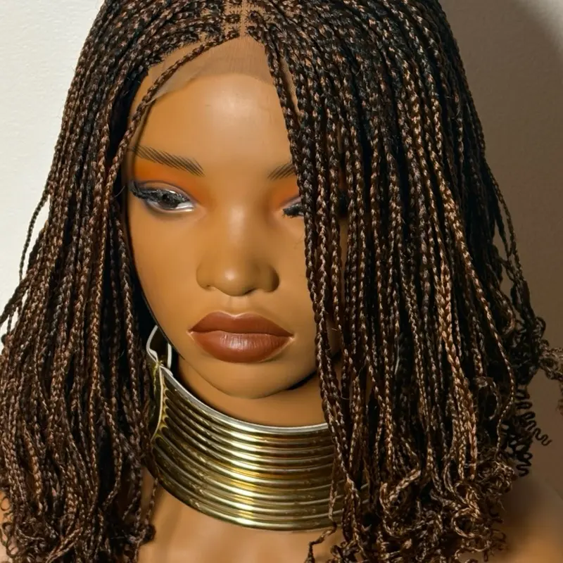 Curly tip braided wig hand made black medium length closure Curly tip braided wig hand made black medium length closure