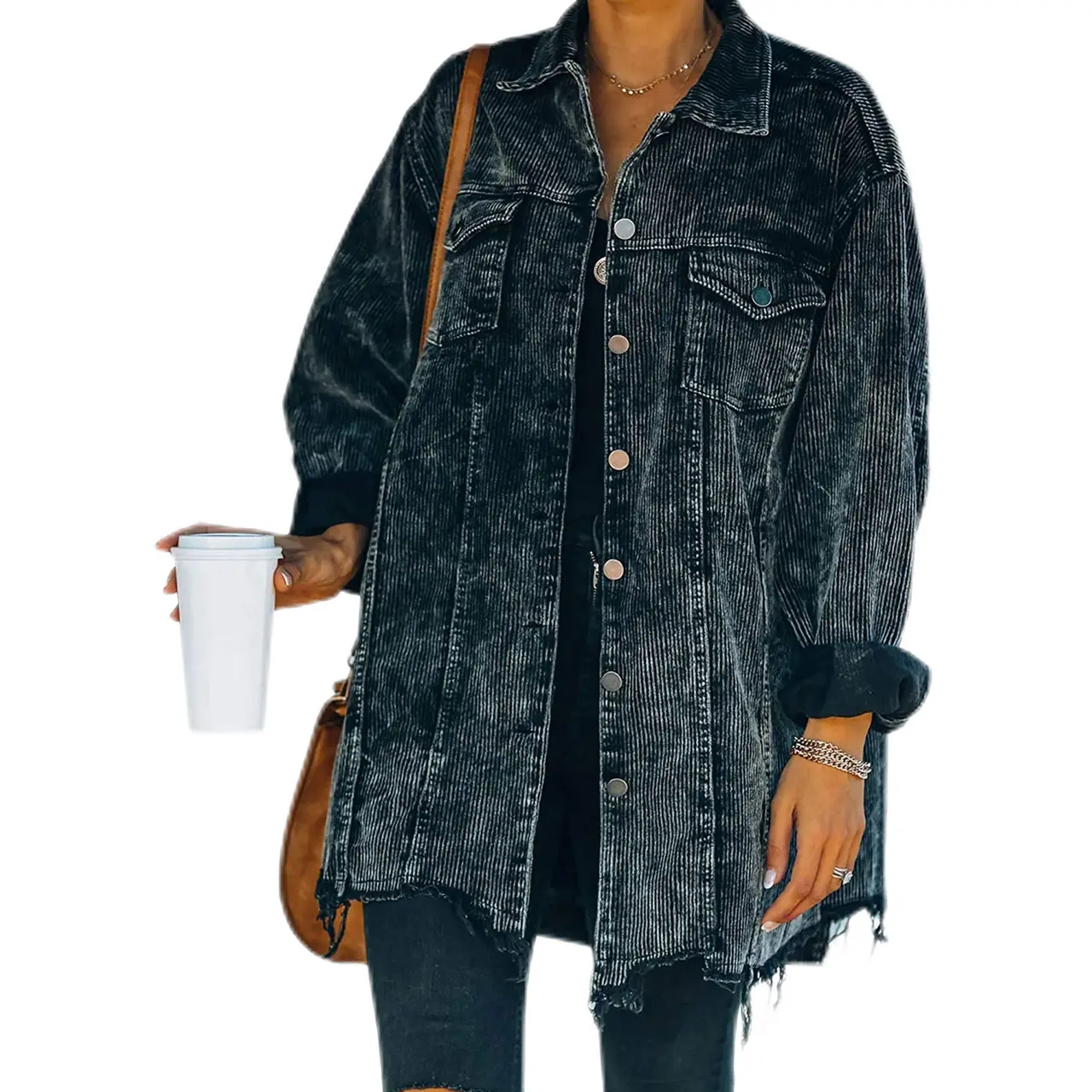 Women's Casual Oversized Corduroy Shirts Long Sleeve Button Down Retro Jacket Coat Shacket Fitted Minimalist Tops