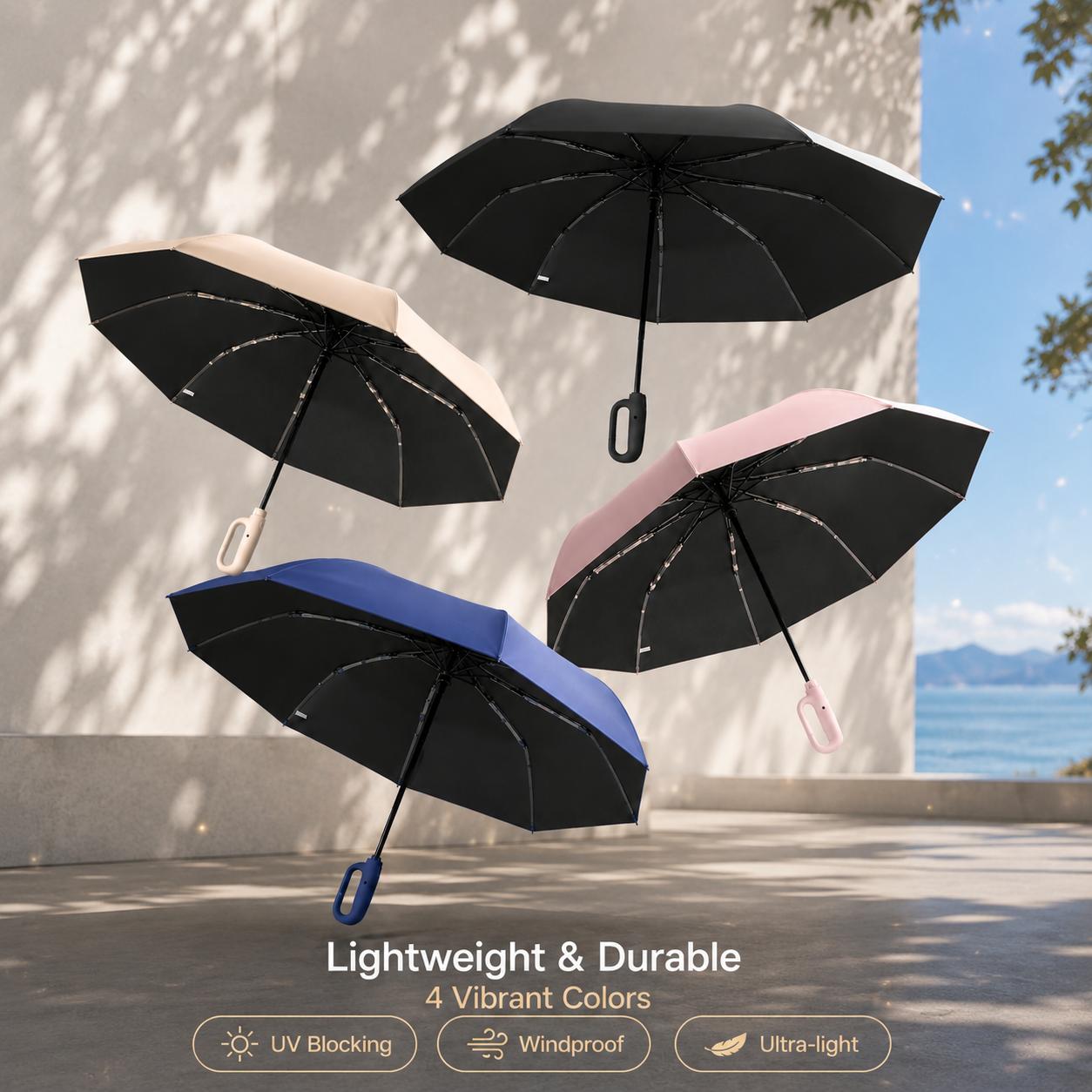 14 in Automatic Open & Close Folding Rain & Sun Umbrella, Ring Handle, Waterproof Windproof Lightweight Portable for Men & Women
