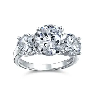 3CTW Three Stone CZ Ring Round Solitaire Sterling Silver