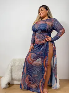 【Plus Size】 All Over Print Sheer Swimsuit Set, Women's Tie Back Triangle Swim Bra & Tie Side Swim Bottom & Split Thigh Drawstring Cover Up for Summer Beach Holiday Vacation, Tie Back Bikinis