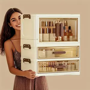 1 set of folding tabletop storage box with drawers, transparent visual storage cabinet, household multi-functional tabletop storage box, suitable for living room/bedroom/bathroom/office/dormitory, storage supplies