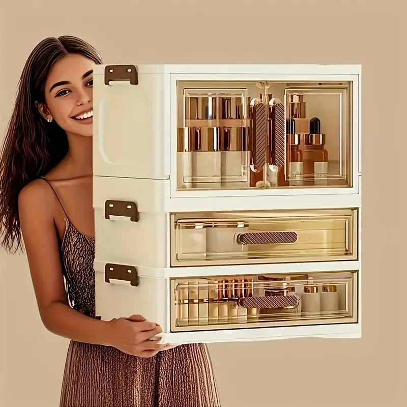 1 set of folding tabletop storage box with drawers, transparent visual storage cabinet, household multi-functional tabletop storage box, suitable for living room/bedroom/bathroom/office/dormitory/apartment, storage supplies