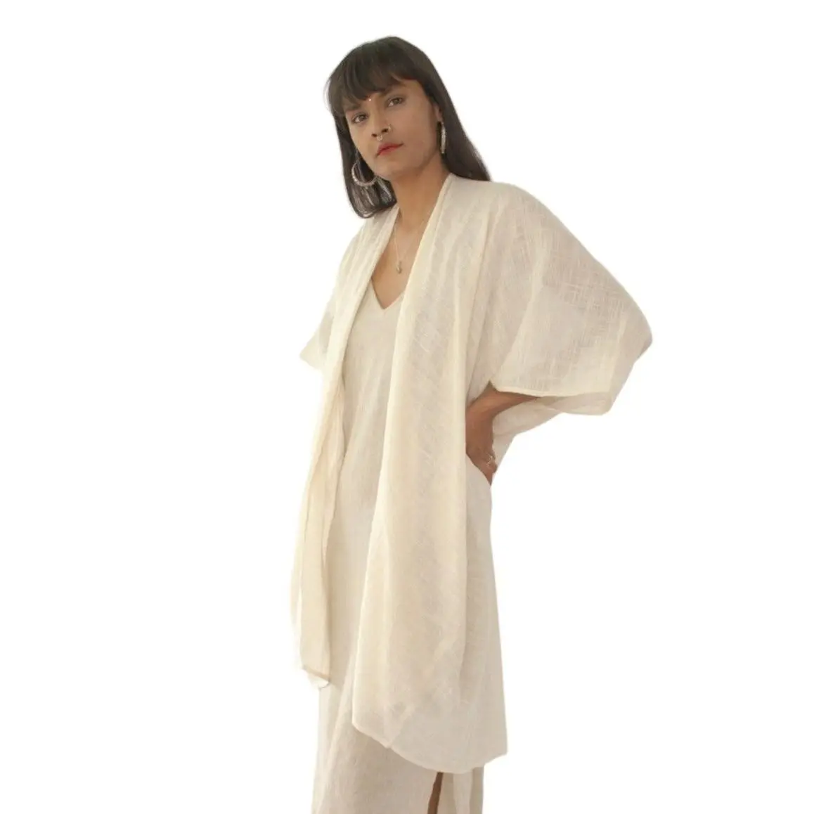 Linen Shrug Cream - Organic Cotton Long Casual Minimalist Summer Blouse for Everyday Wear & Layering Soft Lightweight Breathable Women's Tops