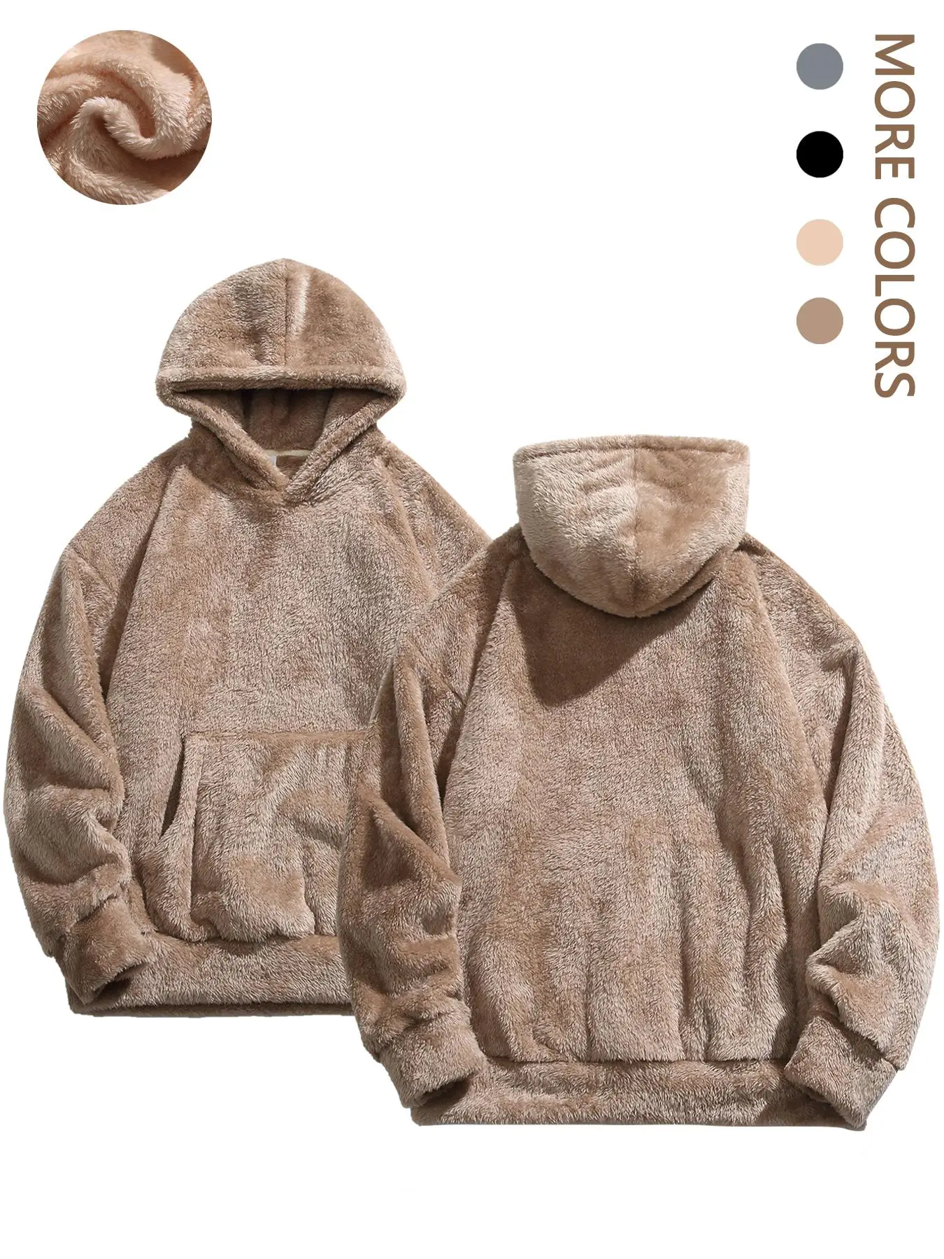 Men's Solid Pocket Long Sleeve Fuzzy Hoodie, Loose Casual Hooded Sweatshirt for Fall, Drippy Outfits, Going Out Outfit, Cozy Fall Outfits