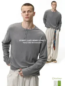 Inflation Men's Casual Chic Minimalist Round Neck Solid Color Long-Sleeve Base Shirt - Autumn Trendy Streetwear Lazy Henry Top, Father's Day Gift, Long Sleeve Shirt