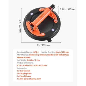 VEVOR Vacuum Suction Cup, 8-Inch Vacuum Glass Lifter with Metal Handle, 429 lbs Max Lifting Capacity Tile Suction Cup Tool with Carrying Case for Lifting Large Tile, Granite, Drywall, Windows (2-Pack)