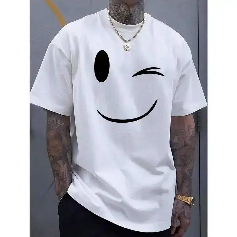 [100%25 cotton]Summer Must-Have: Men's Fashionable Smiling Face Printed Casual T-Shirt - Breathable , Round Neck, Short Sleeved