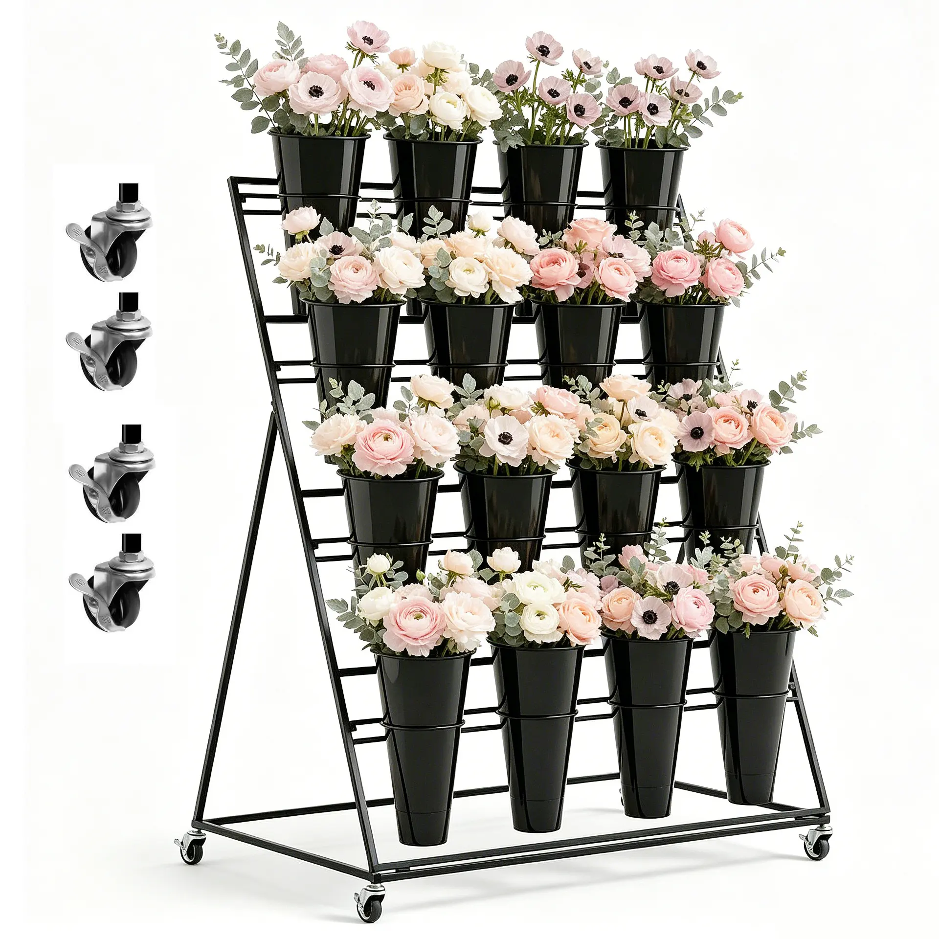 4 Layers Flower Display Stand With 16 PCS Buckets, Flower Bucket, Metal Plant Stand with 4 Wheels, Heavy Duty Moving Flower Cart Shelf, for Patio Garden, Balcony, Florists, Cafés tools gadgets