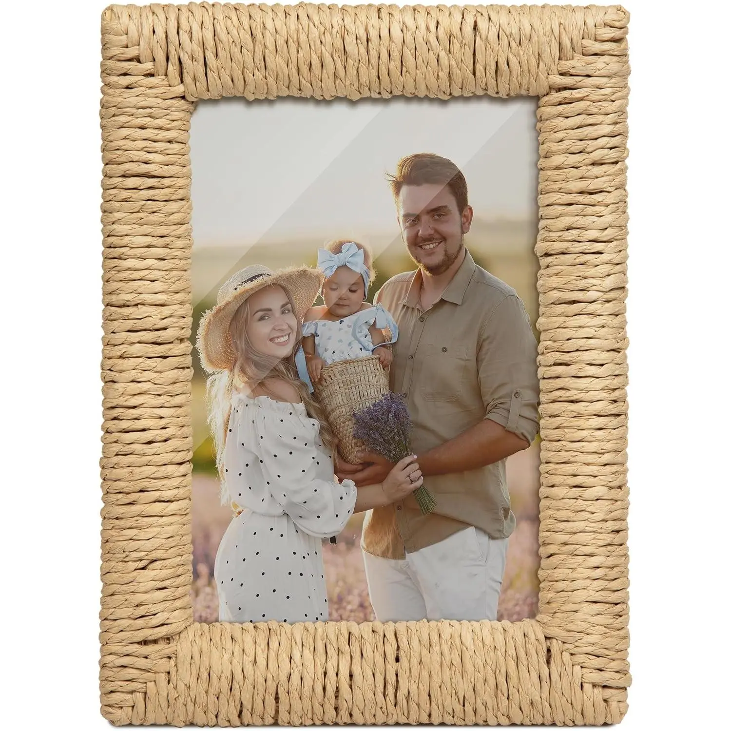 Boho 5x7 Picture Frame,  Boho Rattan Photo Frame with Real Glass Paper Rope for Wall and Tabletop Display  for Mom Grandma Family Friends