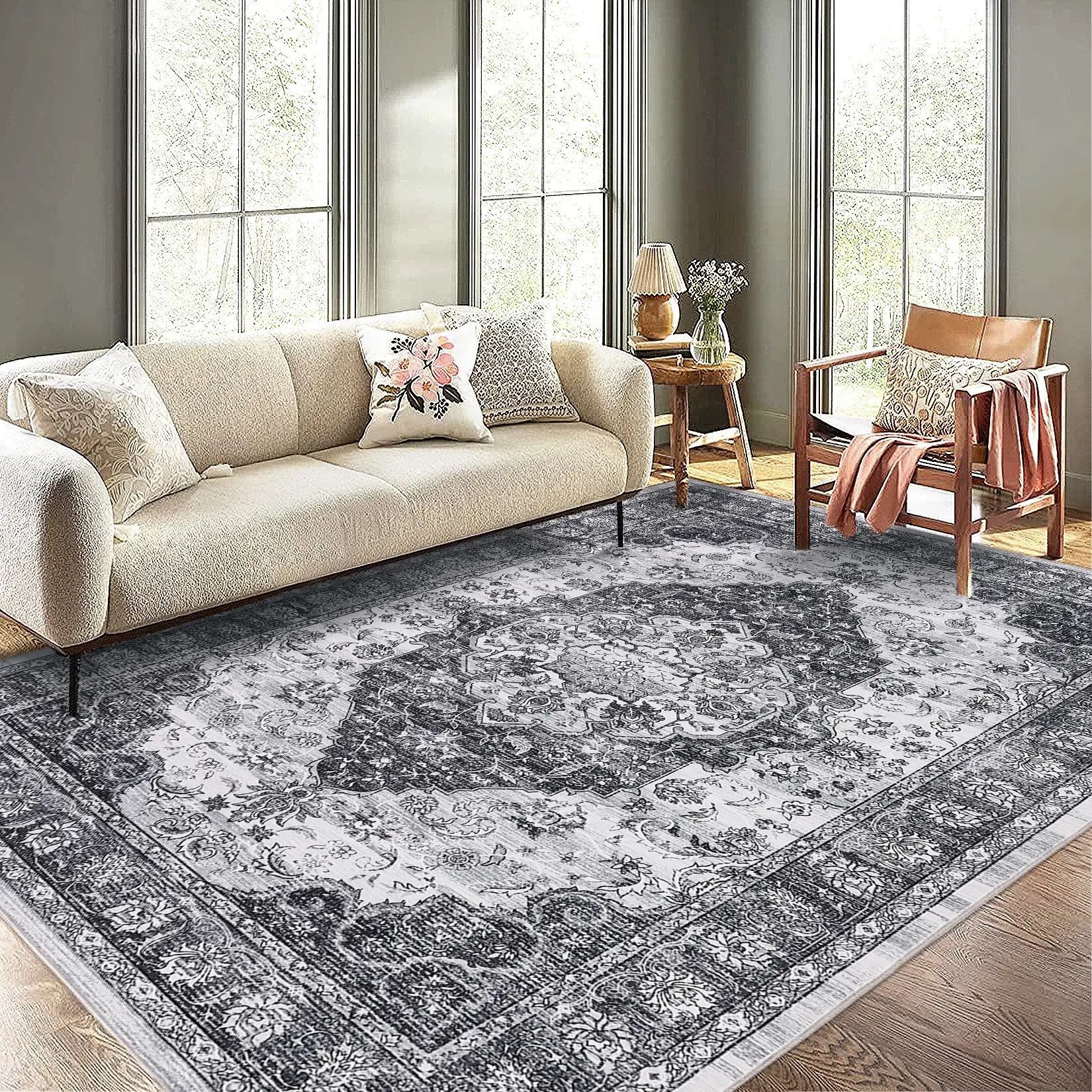 Washable Area Rug Vintage Soft Indoor Carpet Low Pile Printed Carpet Foldable Indoor Carpet for Living Room Bedroom Kitchen Dining Room Office