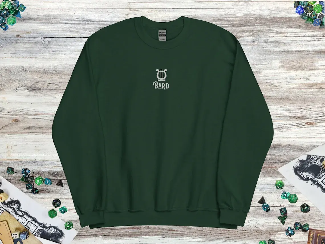Embroidered DnD Bard Class Crewneck Sweater, DnD Sweater, Dungeons and Dragons, DnD Gift, Men Women Unisex Sweater, Multiple Colors Cotton Fabric
