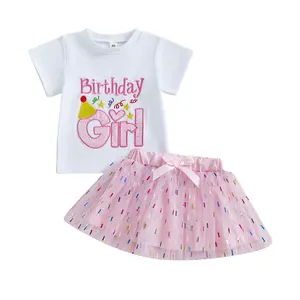 Toddler Baby Girl Birthday Outfit Letter Embroidery Short Sleeve Tops Tshirt Tutu Dress Skirts Birthday Gift