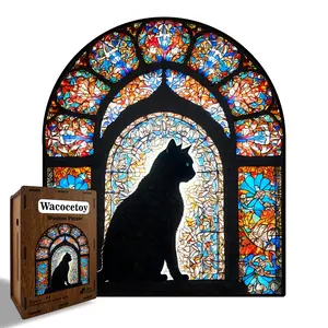 Wacocetoy Temple Cat Puzzle Wooden Irregular Shape Jigsaw Toy Gift Original Art Stress Relief Puzzle