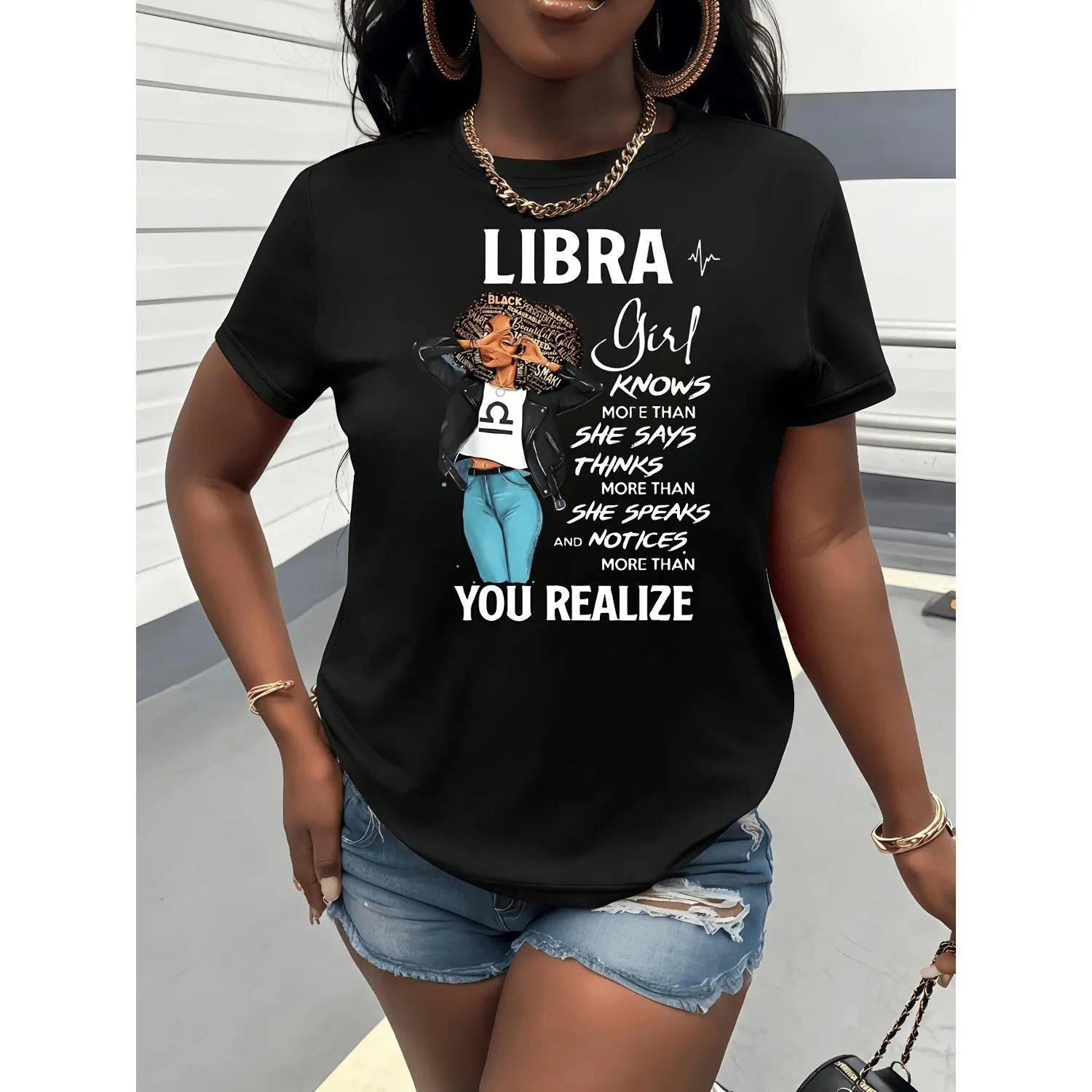 Casual "LIBRA" Graphic T Shirt Short Sleeve Pullover with Heart Print Round Neck All Season Comfort Ladies Tops and Tees
