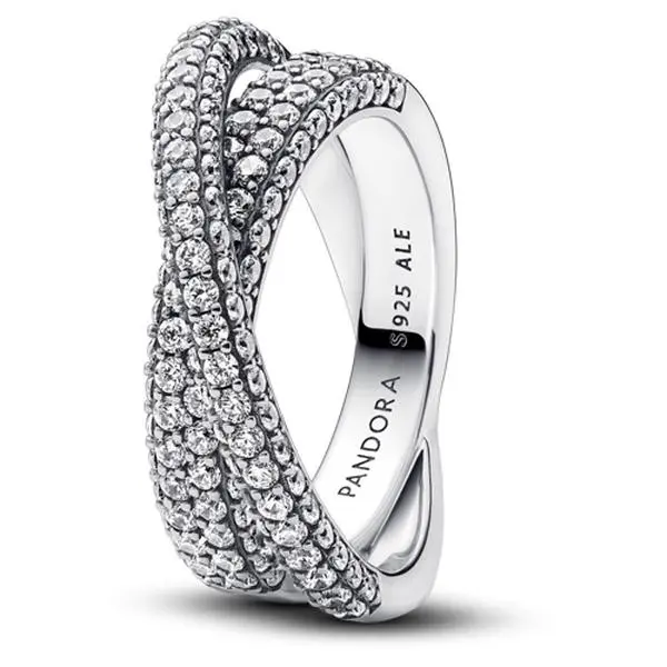Pandora Timeless Pave Crossover Dual Band Silver Ring, Classic Round Silver Rings for Jewelry Lovers & Adults, 193022C01-52, Sparkling Stones, Stacking Their Jewellery