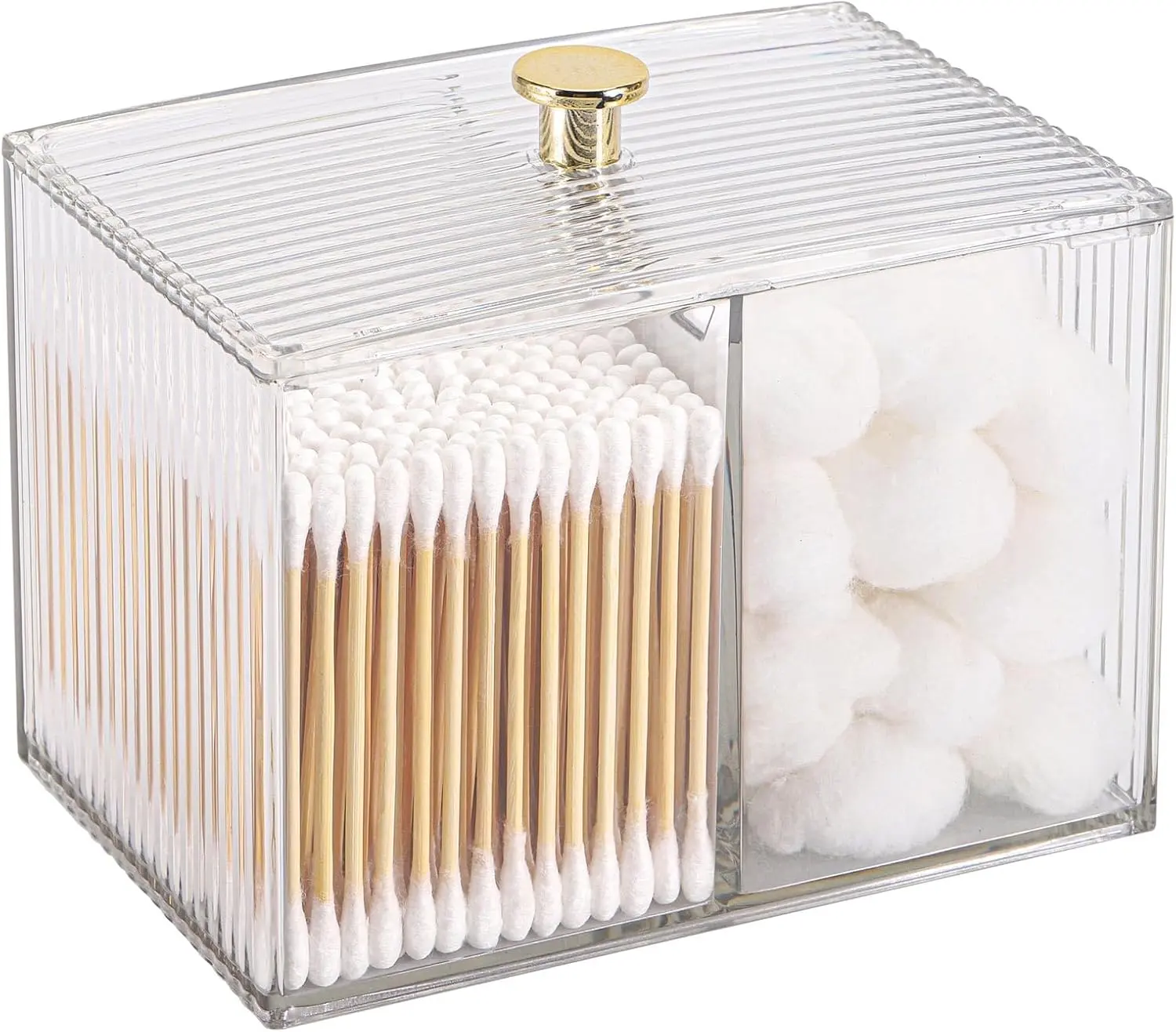 Qtip Holder Dispenser 3-Section Clear Modern Bathroom Container Organizer with Apothecary Jars Lids for Cotton Swabs Pads Balls & Makeup Sponges Storage Canister
