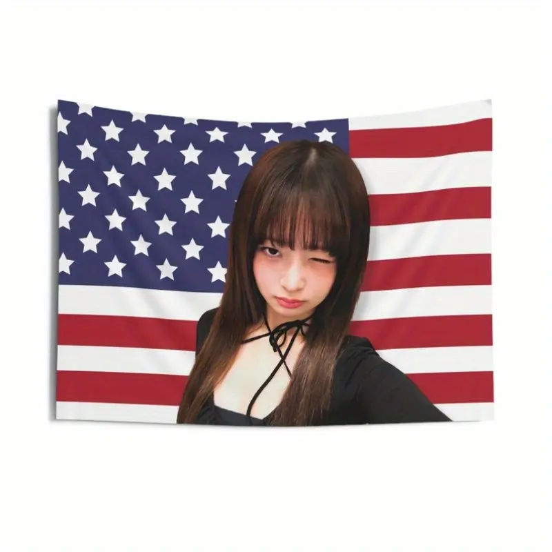 Ive Rei Selfie American Flag Tapestry - Kpop Concert Tour Merch, Durable Peach Light Beige Fabric, 60x40 Inch, Home Decor Wall Hanging, Birthday Gift for DIVE Fans, Fan Merchandise, Patriotic Design, Smooth Texture