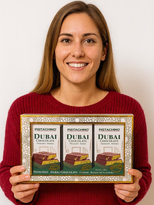 PISTACHINO Dubai Chocolate Gift Set, Premium Pistachio and Kunafa Filled Bars, 3 x 185g Dark Chocolate, Luxury Middle Eastern Collection a premimum gift