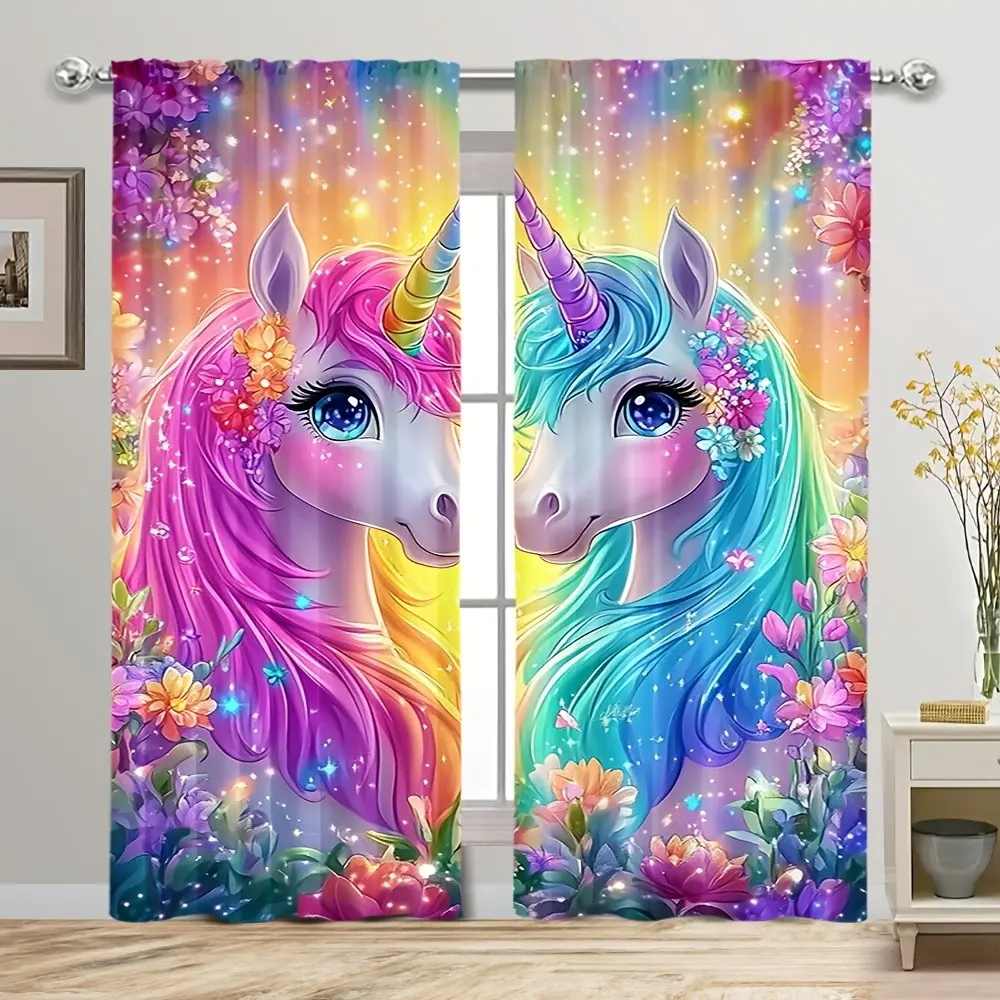 2 Pack Colorful Unicorn Floral Curtains with Watercolor Rainbows and Stars, Sheer Polyester for Bedroom Living Room Office, Privacy Decor