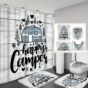 1pc/4pc Happy Camper  printed shower curtain, shower curtain set with 12 hooks. The shower curtain set includes a bath mat, U-shaped floor mat, toilet seat cushion, bathroom accessories and hom Bathroom Decoration Accessories