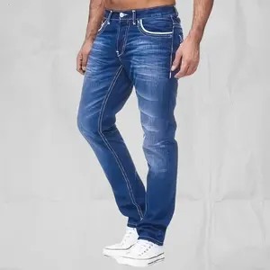 Men's Vintage Washed Straight Leg Jeans with Slant Pockets and Button Fly Closure, Suitable for All Seasons