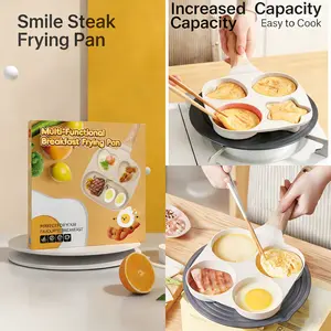 Non-stick frying pan, four-hole heart-shaped wooden handle pancake plate, granite-style breakfast frying pan, small non-stick pan for eggs, omelets, toast, pancakes and crepes, easy-to-clean multi-functional kitchen gadget, compact birthday gift mold