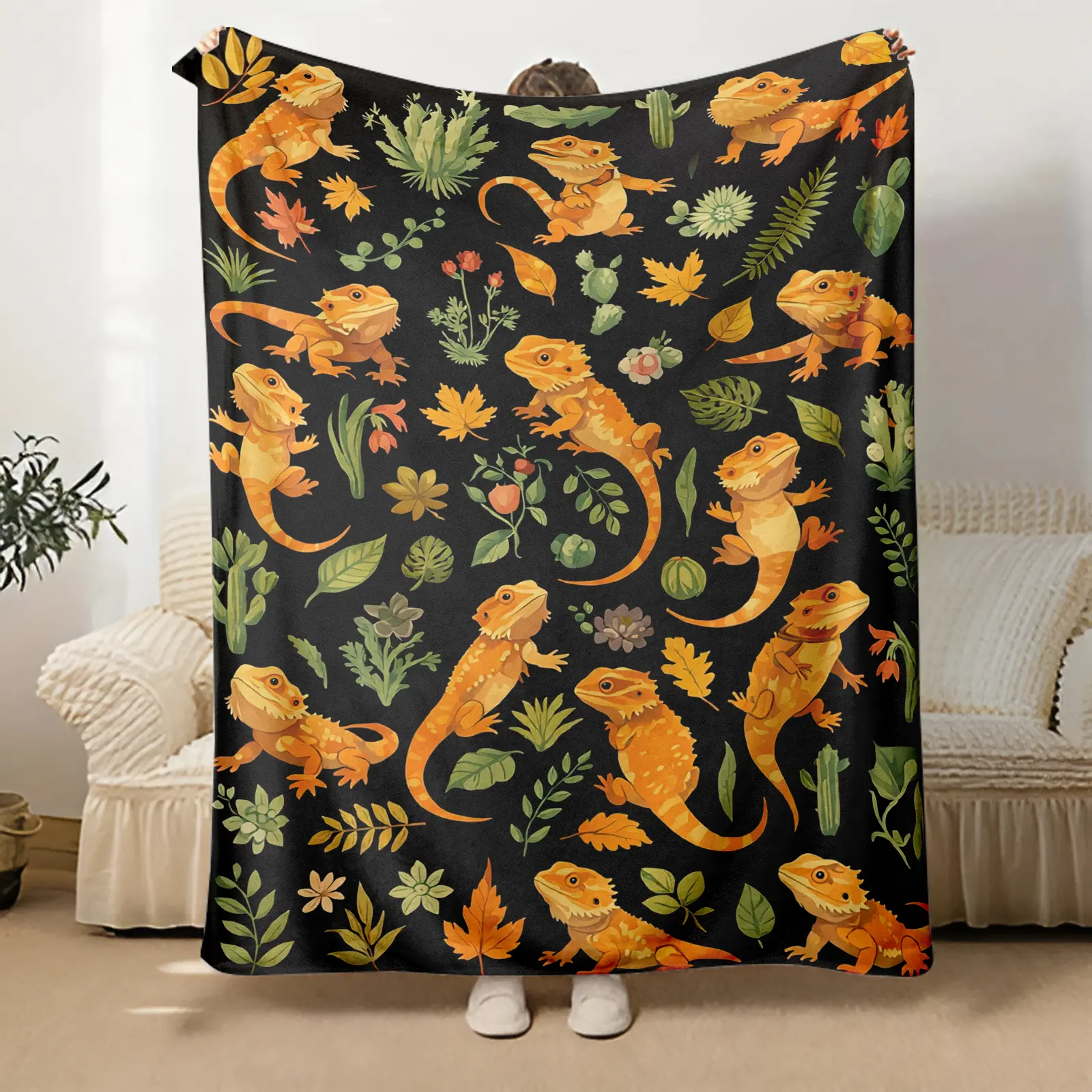 Extra-Large 40x50inch Bearded Dragon & Desert Plant Pattern Soft Flannel Blanket for Sofa Bed Gift for Reptile Enthusiasts exquisite men super