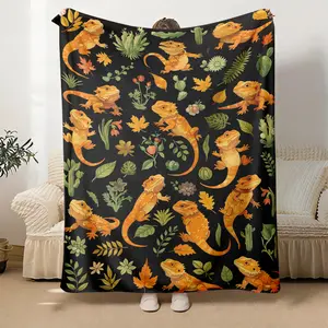 Extra-Large 40x50inch Bearded Dragon & Desert Plant Pattern Soft Flannel Blanket for Sofa Bed Gift for Reptile Enthusiasts exquisite men super
