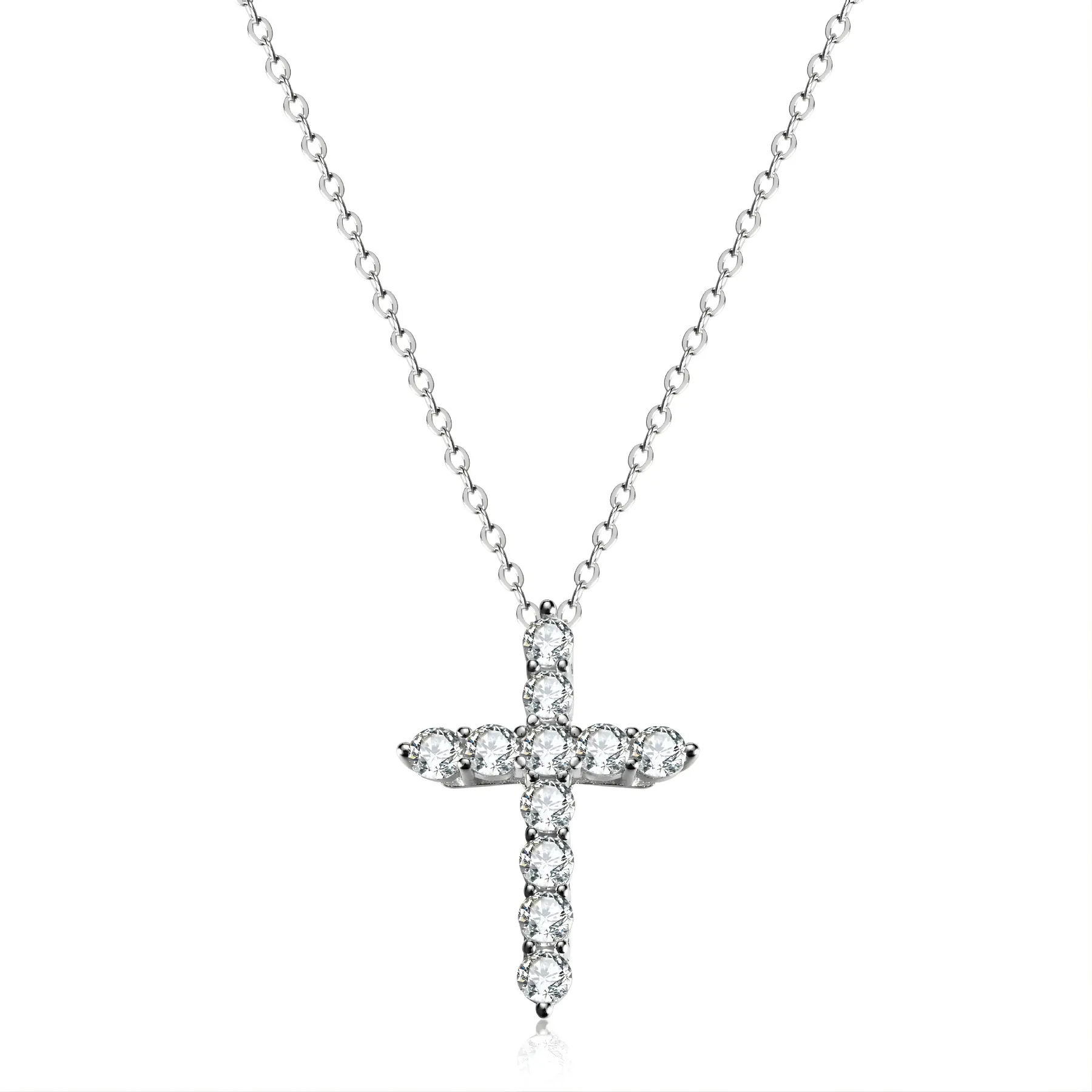925 Sterling Silver Elegant Geometric Cross Pendant Necklace, GRA Certified Moissanite, 17in Casual Unisex Cross Shape Piece, Lightweight and Comfortable Meaningful Daily Wear Jewelry