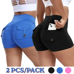RIOJOY 2 PCS/PACK Women's Workout Shorts with Cargo Pocket Scrunch Butt Gym Shorts V Cross Waist Yoga Booty Lifting Athletic Bottom for Women High Waisted Squat-Proof 3" Inseam