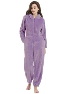 Women's Onesies Pajamas Sherpa Fleece One Piece Romper Zipper Cute Hooded Jumpsuit Soft Fuzzy Warm Winter Loungewear Costume Furry Breathable Womenswear