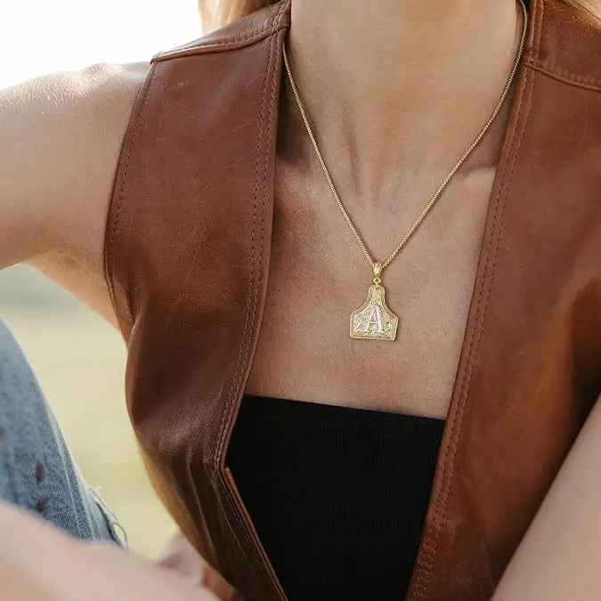 Handmade Initial Letters Necklace, 2-Toned Gold-Silver CowTag Medallion Pendant, 20-Inch Adjustable Medallion Chain, Western Cowboy Aesthetics Jewelry for Men Women