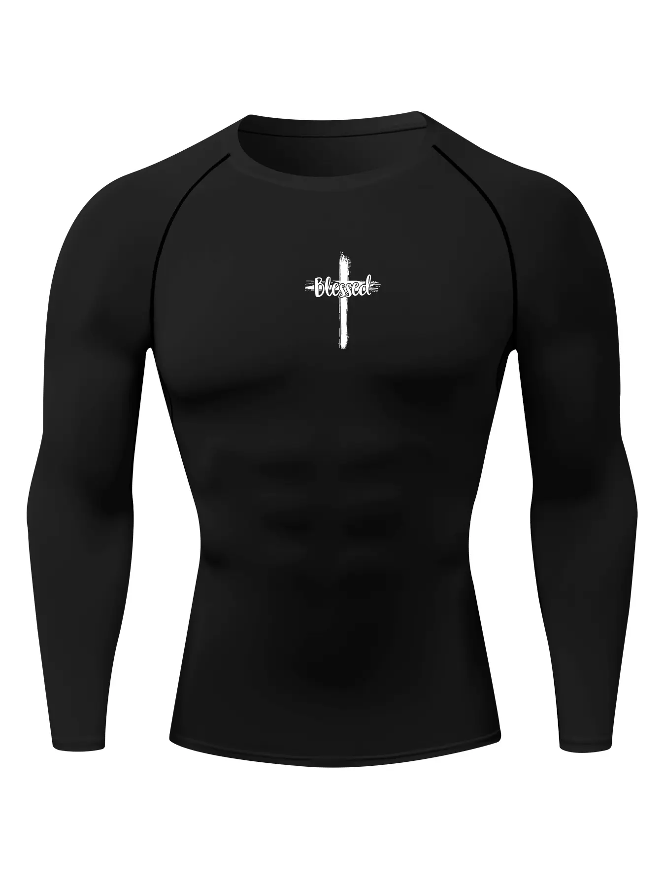 Men's Blessed Cross Graphic Print Long Sleeve Compression Shirt, Gym Workout Fitness Training Running Tight-Fit T-Shirt, Athletic Quick-Dry Stretchy Baselayers Undershirts Top, Spring & Fall Sportswear Activewear