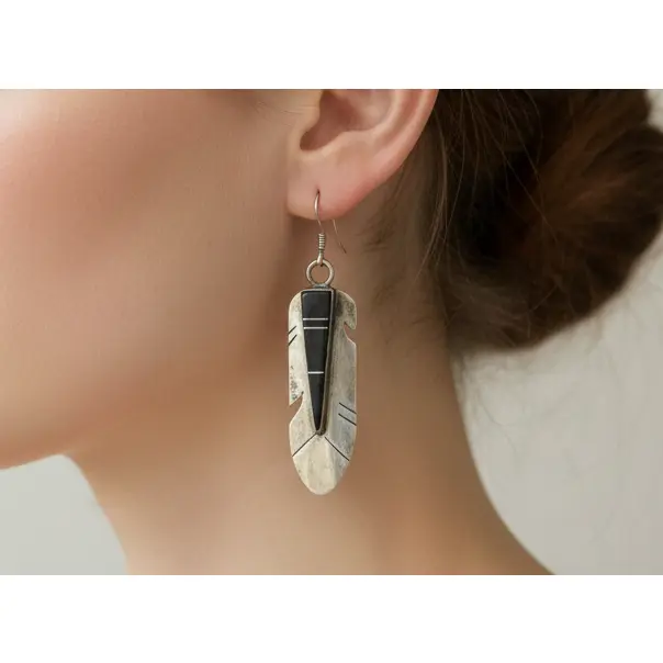 Navajo Yolanda Zah Handcrafted Sterling Silver & Black Onyx Feather Inlay Earrings - Vintage Navajo "YZ" Signed Sterling Silver Black Onyx Feather Dangle Earrings