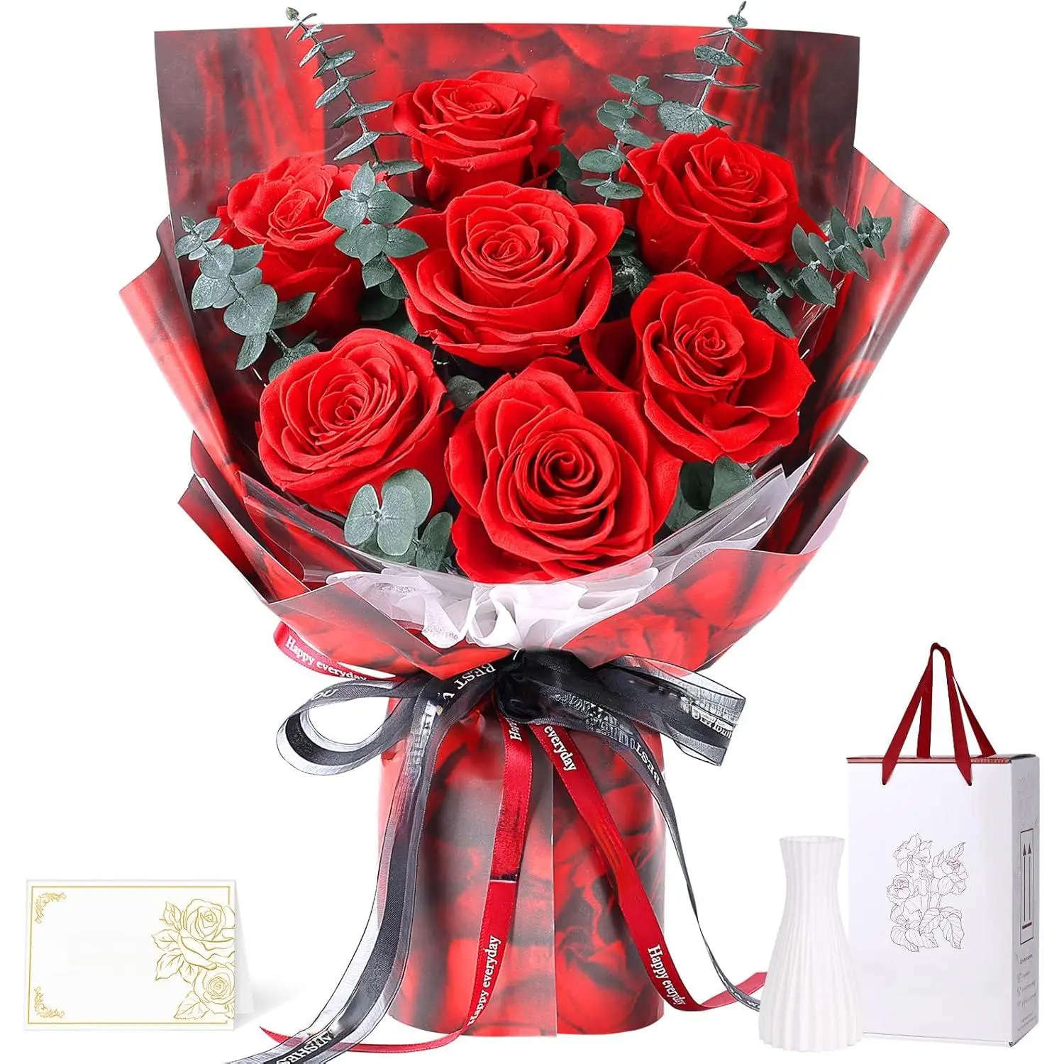 Preserved Flowers Bouquet 7 Roses - Red Real Rose & Flowers for Delivery, Eternal Roses Bouquet with Gift Box, Anniversary Birthday Valentines Day Gifts for Women Mom Grandma Her Wife Girlfriend