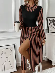 Women's Long Sleeve Striped Button Front Fitted Shirt Dress, Layered Design, Casual Spring & Fall Fashion, Elegant Women's Clothing